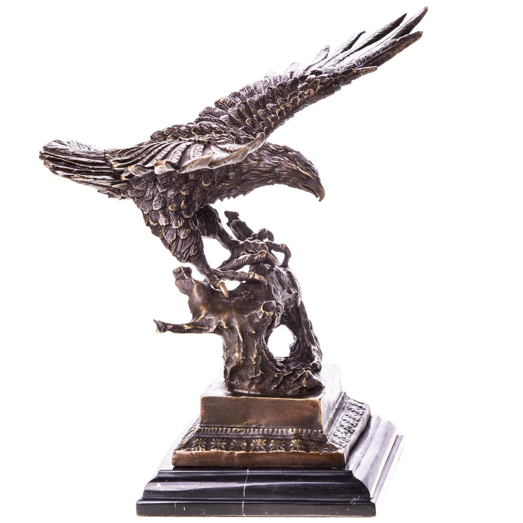 Bronze Skulptur Adler im Flug – signierte Tierfigur Vogel auf Marmorsockel