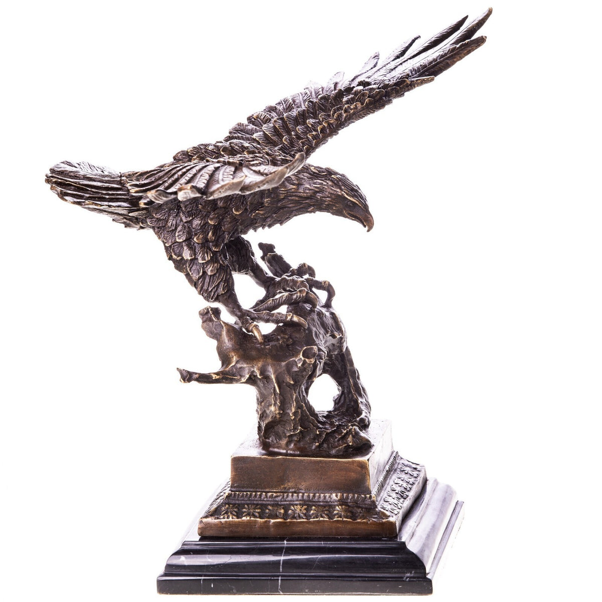 Bronze Skulptur Adler im Flug – signierte Tierfigur Vogel auf Marmorsockel
