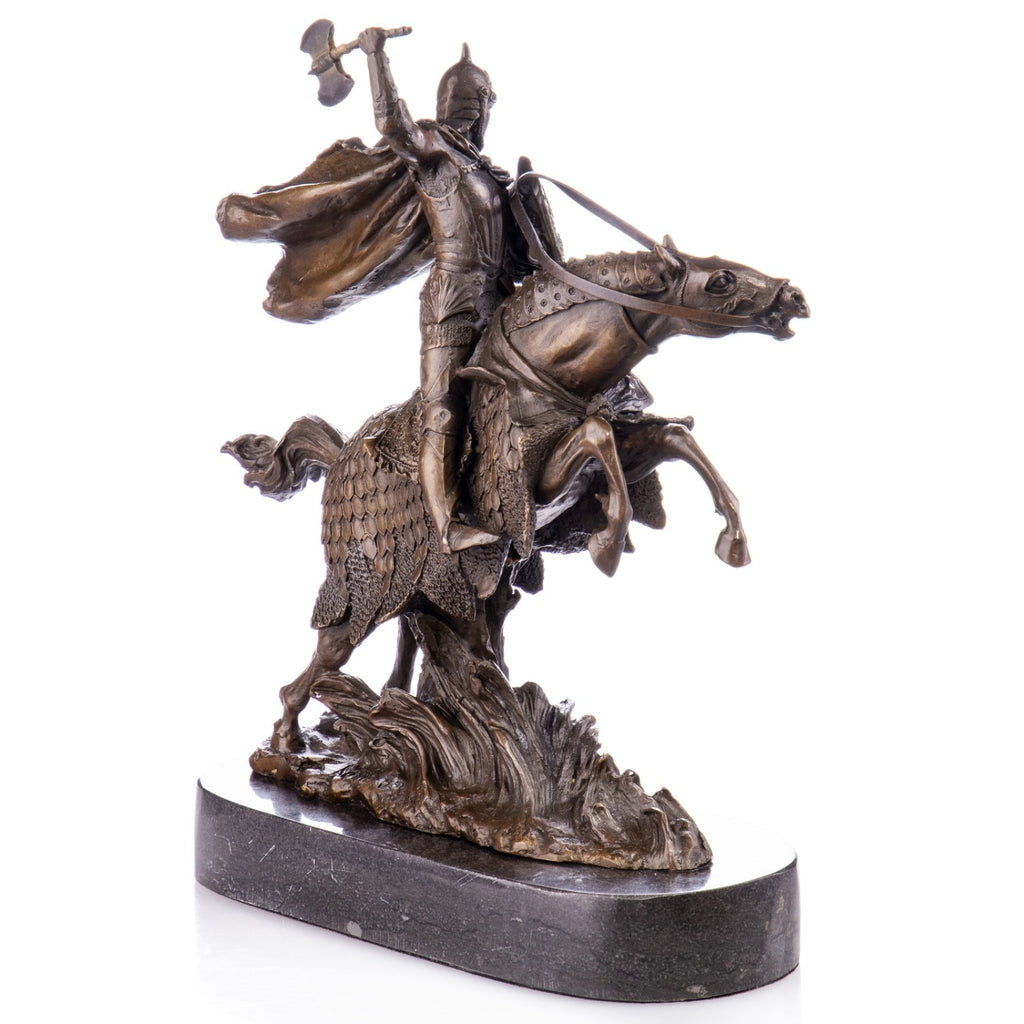 Bronze Skulptur Ritter zu Pferd – Schlachtmotiv Reiter Figur auf Marmorsockel