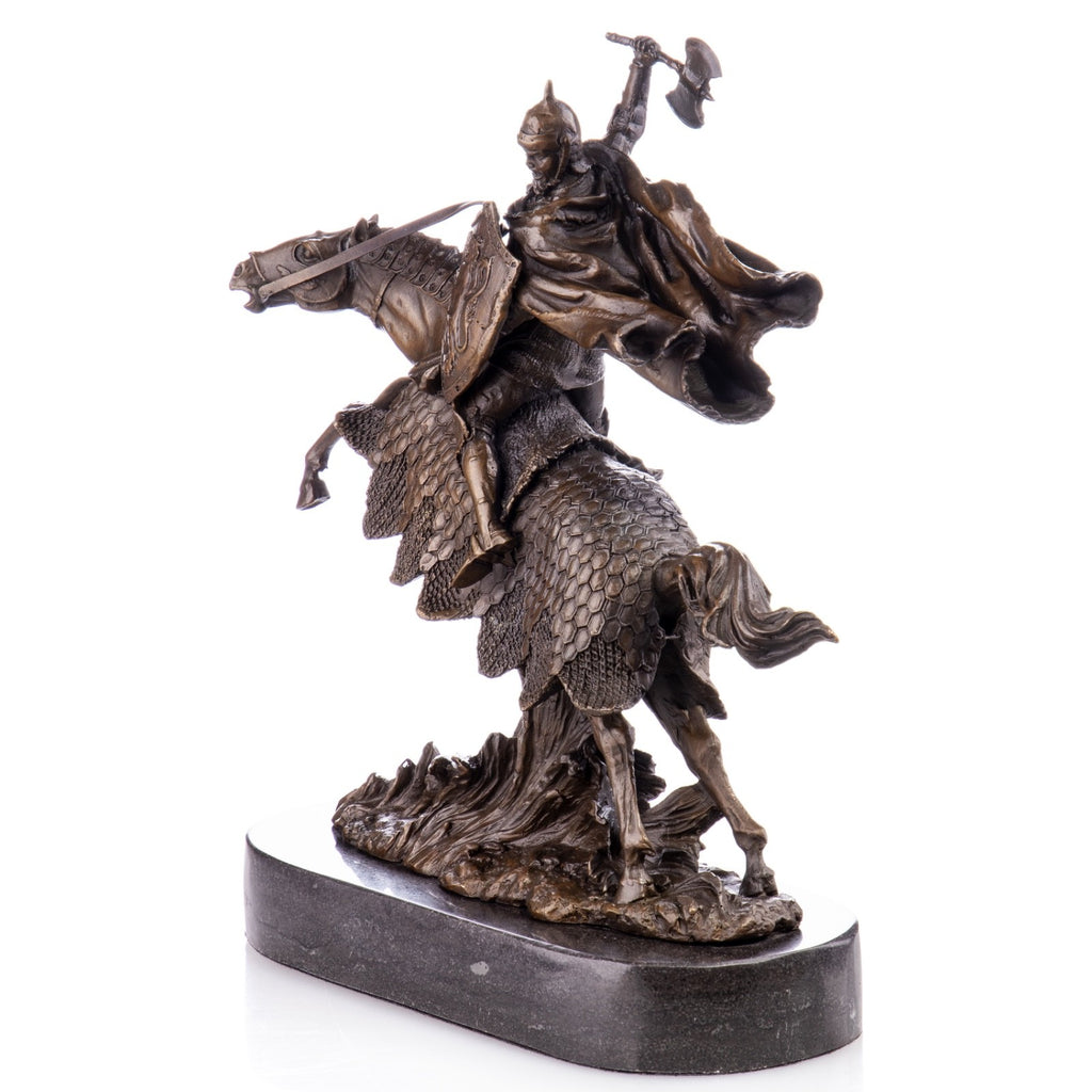 Bronze Skulptur Ritter zu Pferd – Schlachtmotiv Reiter Figur auf Marmorsockel