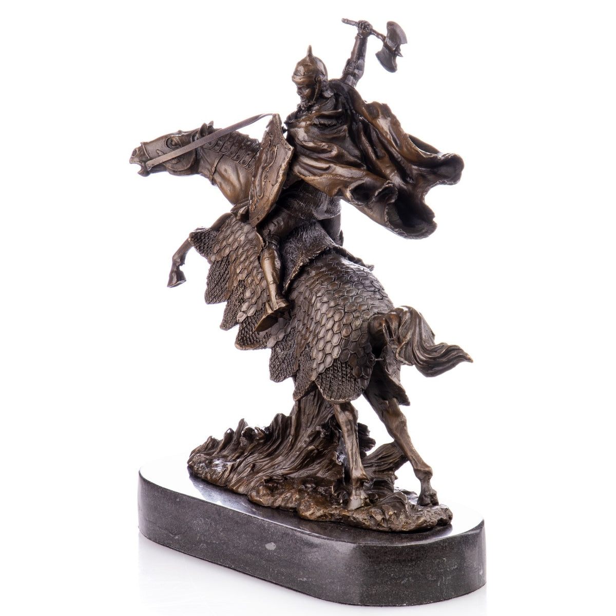 Bronze Skulptur Ritter zu Pferd – Schlachtmotiv Reiter Figur auf Marmorsockel
