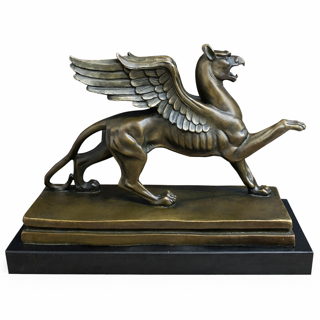 Bronze Skulptur Greif auf Marmorsockel - signierte Mythologie Figur