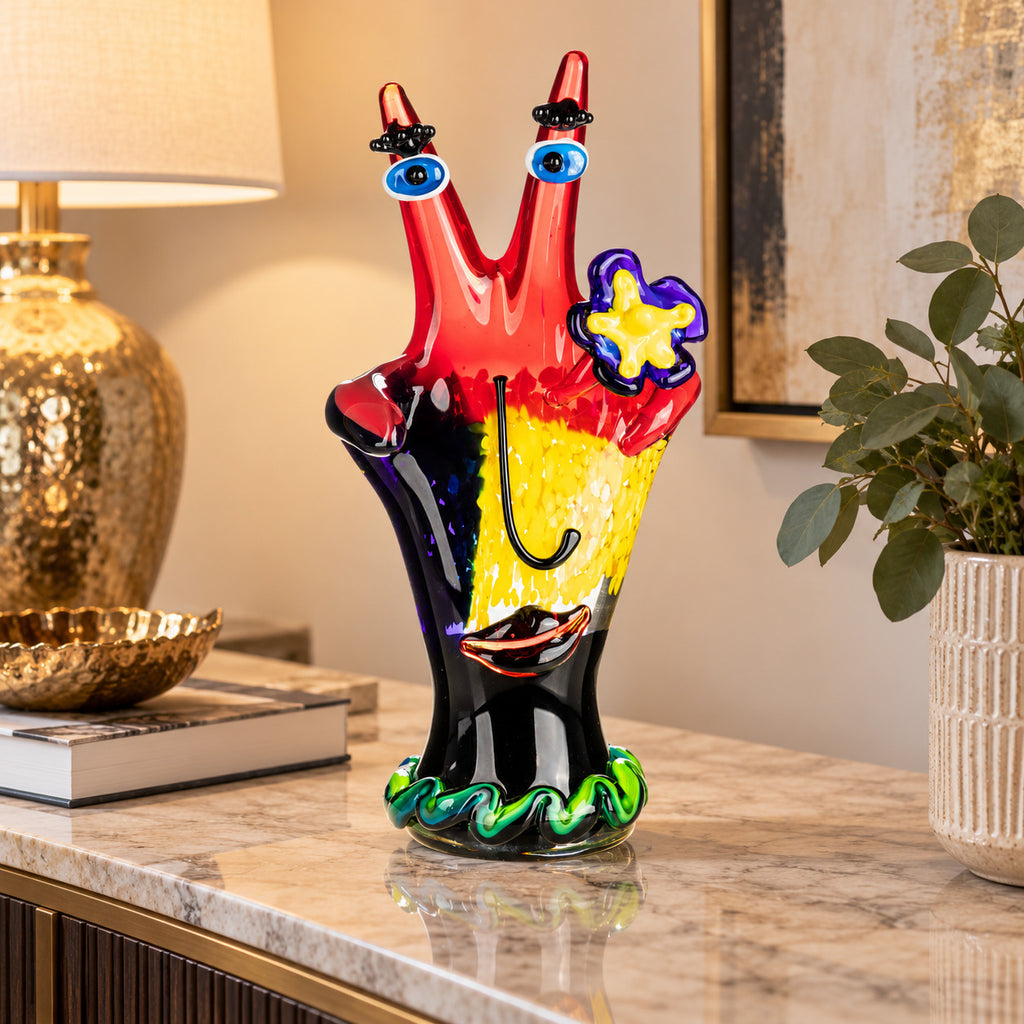 Exklusive Murano Glas Skulptur – Hand mit Gesicht und Blume