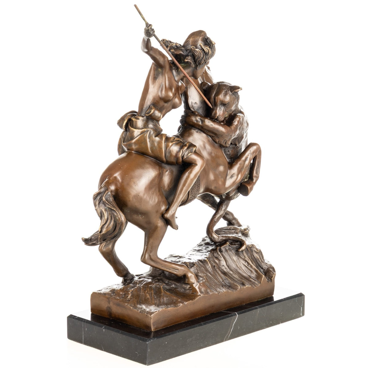 Bronze Skulptur Amazone zu Pferd - signierte Jagdfigur auf Marmorsockel