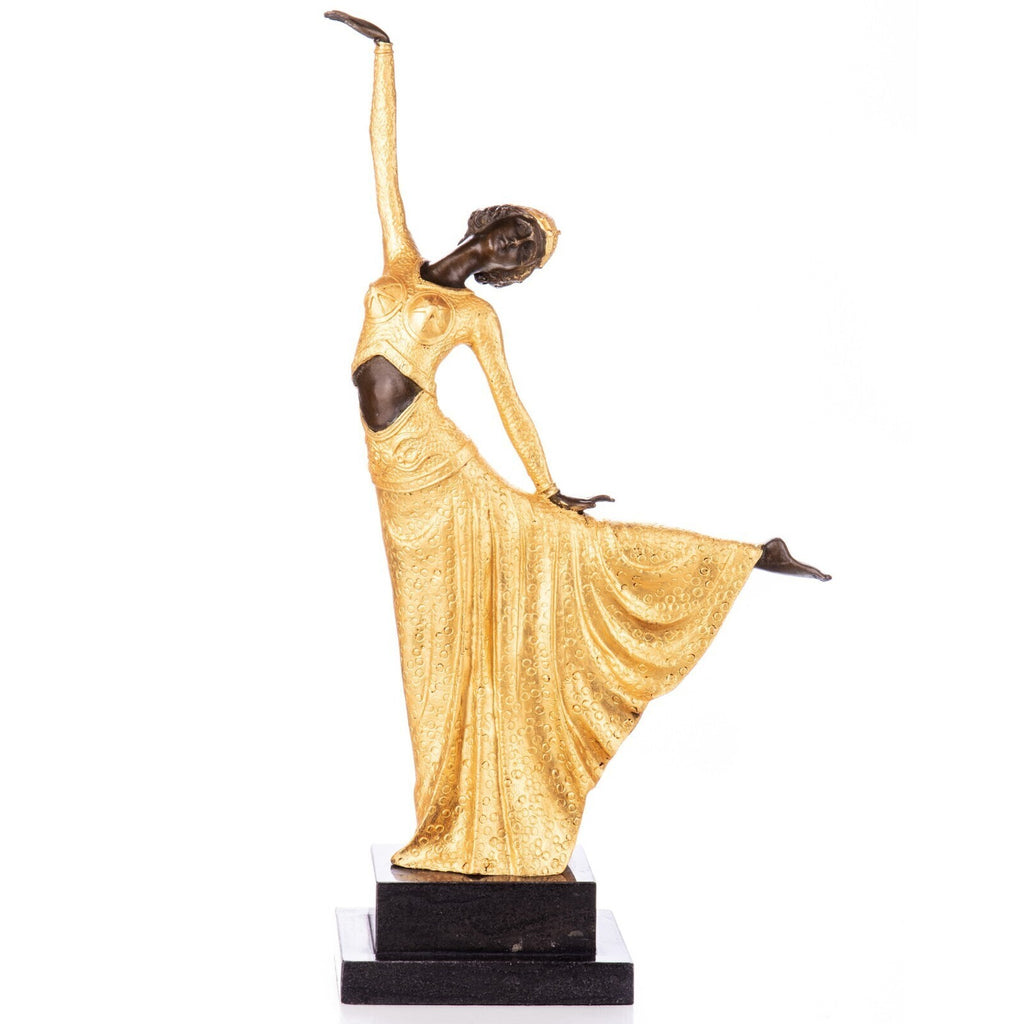 Bronzeskulptur Tänzerin nach D. H. Chiparus, Art Déco, goldfarben, Marmorsockel