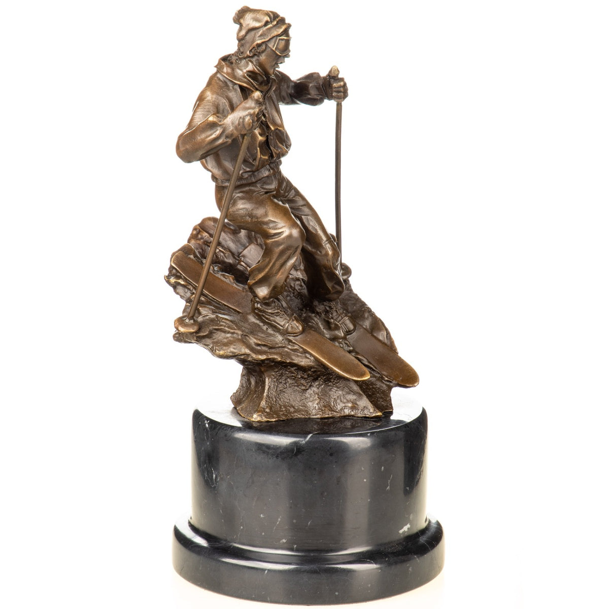 Bronze Skulptur Skifahrer - signierte Sportlerfigur Wintersport auf Marmorsockel