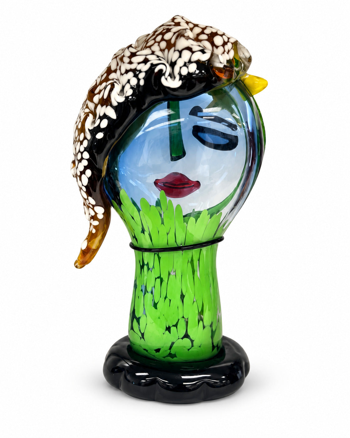 Murano Glasbüste Gesicht Grün-Gelb – Mundgeblasene Glas Skulptur mit Blume