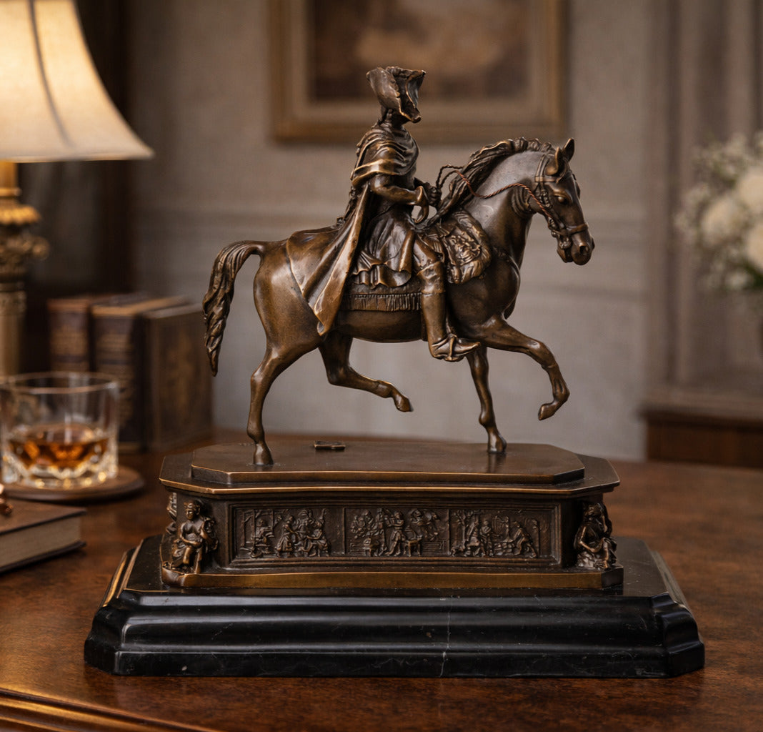 Bronzefigur Friedrich II Alter Fritz & Pferd  - Skulptur signiert & Marmorsockel