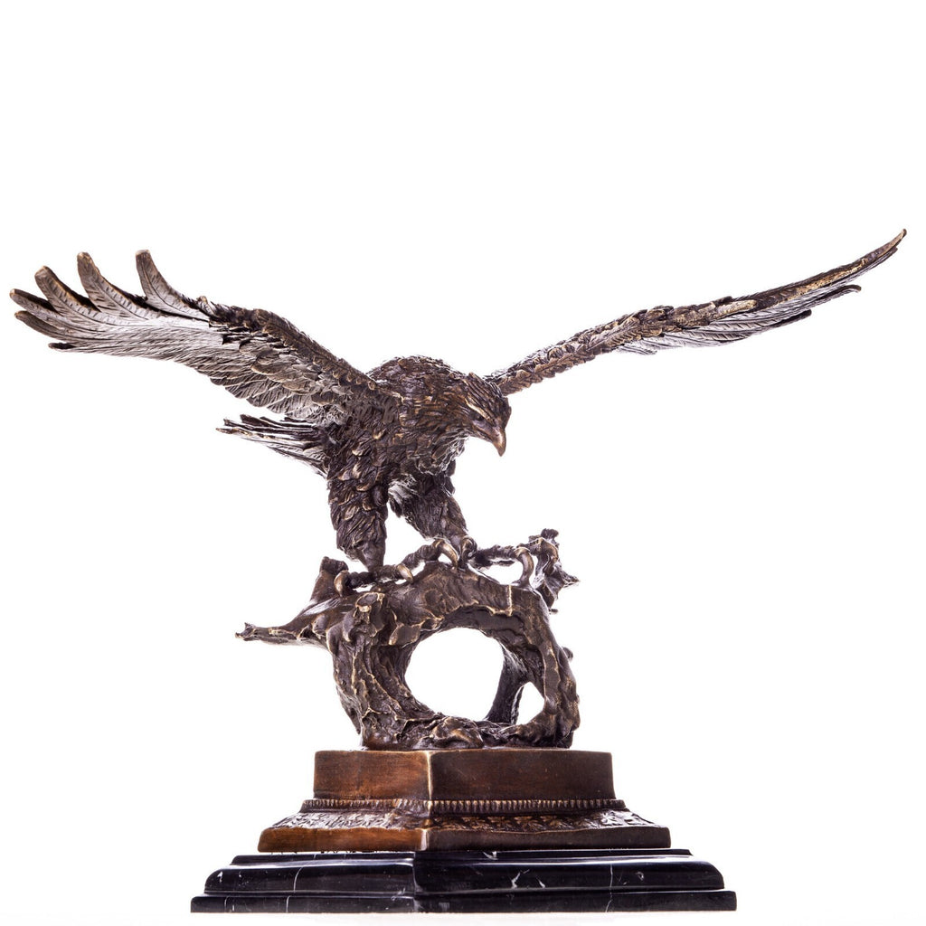 Bronze Skulptur Adler im Flug – signierte Tierfigur Vogel auf Marmorsockel
