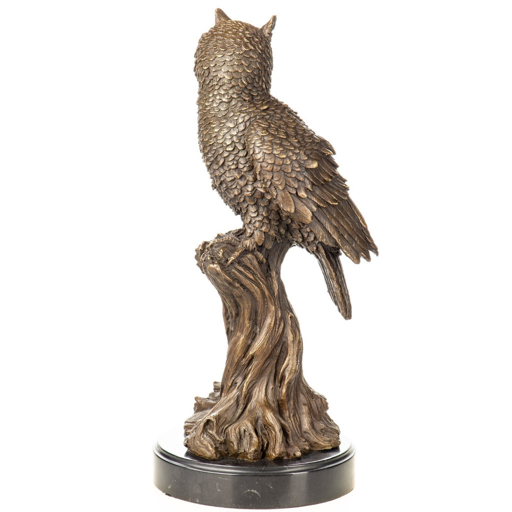 Bronze Skulptur Eule auf Baumstamm - signierte Tierfigur auf Marmorsockel, 45 cm