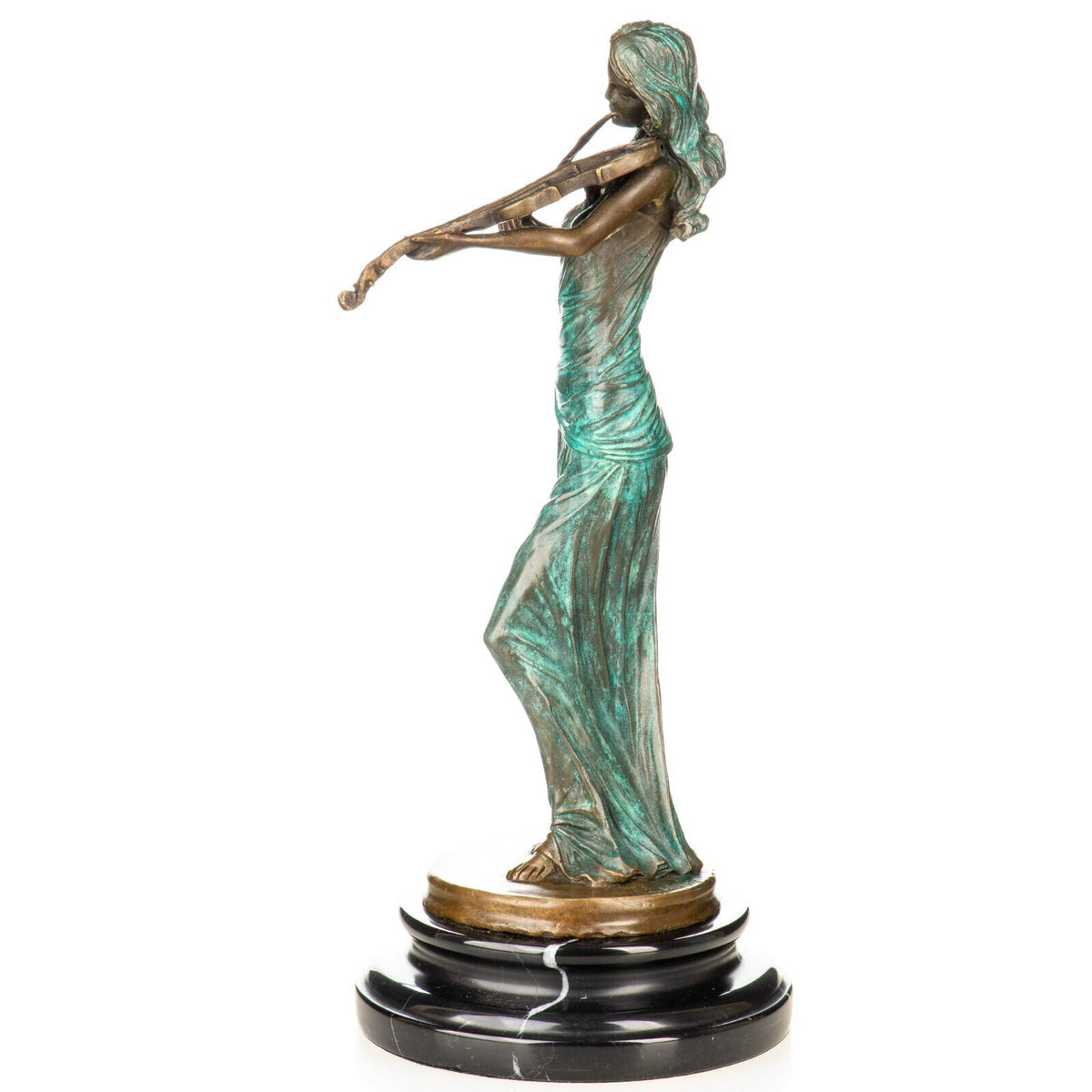 Bronze Skulptur Geigerin mit grüner Patina - signierte Figur auf Marmorsockel