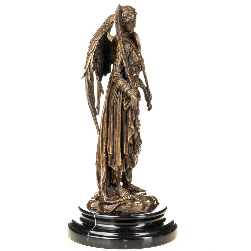 Engel mit Violine & Feder Bronze Skulptur auf Marmor – signierte Bronzefigur
