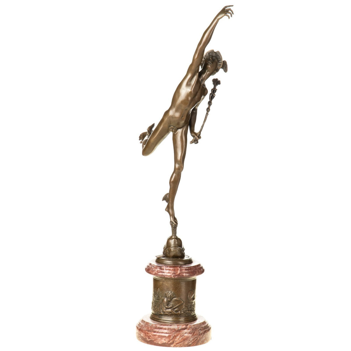 Bronze Skulptur Gott Hermes mit Hermesstab auf Marmorsockel – signiert, 50 cm