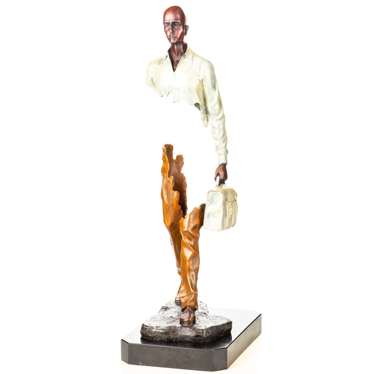 Bronzeskulptur Reisender mit Koffer – Moderne Statue Kunst Figur auf Marmorsockel