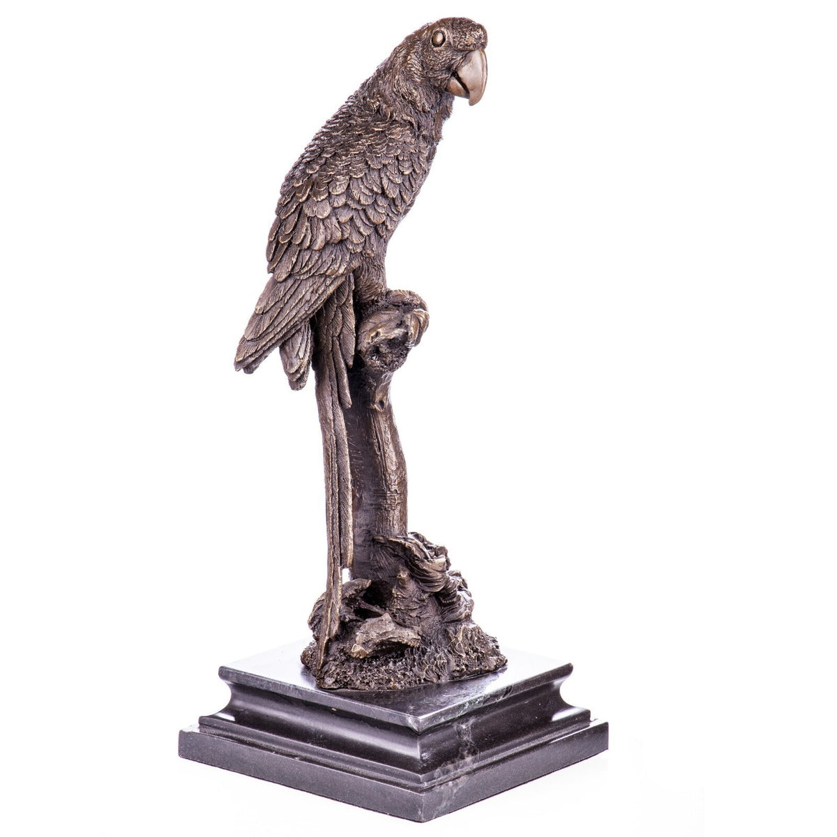 Bronze Skulptur Papagei auf Ast – signierte Tierfigur auf Marmorsockel, 33 cm