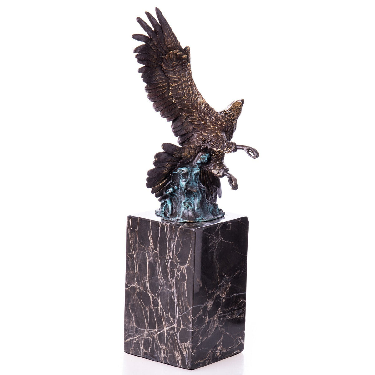 Bronze Skulptur Adler mit offenen Flügeln auf Marmorsockel – signierte Tierfigur