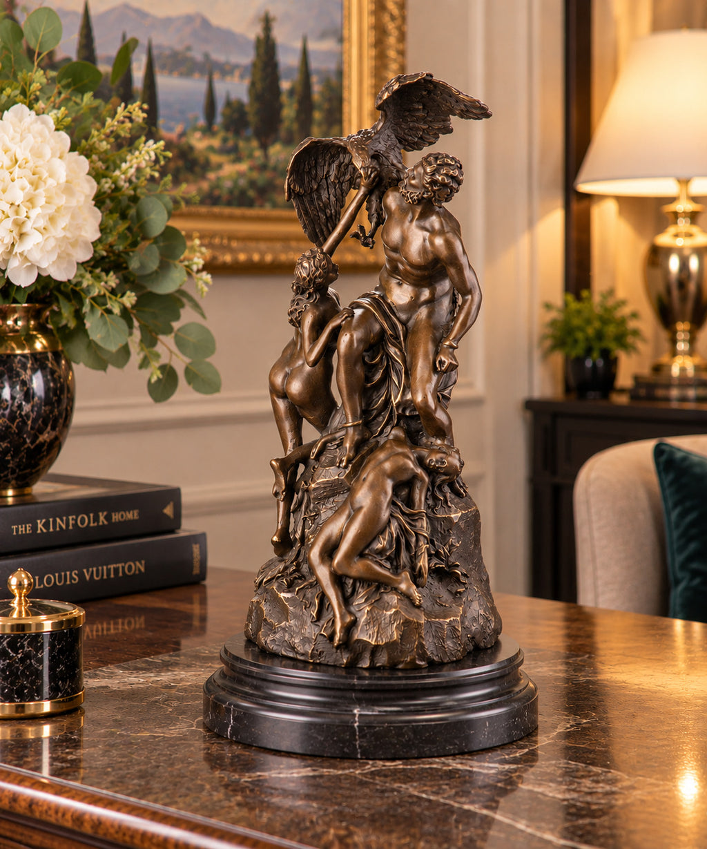 Bronze Skulptur Prometheus & Okeaniden mit Adler - signierte Figur Marmorsockel