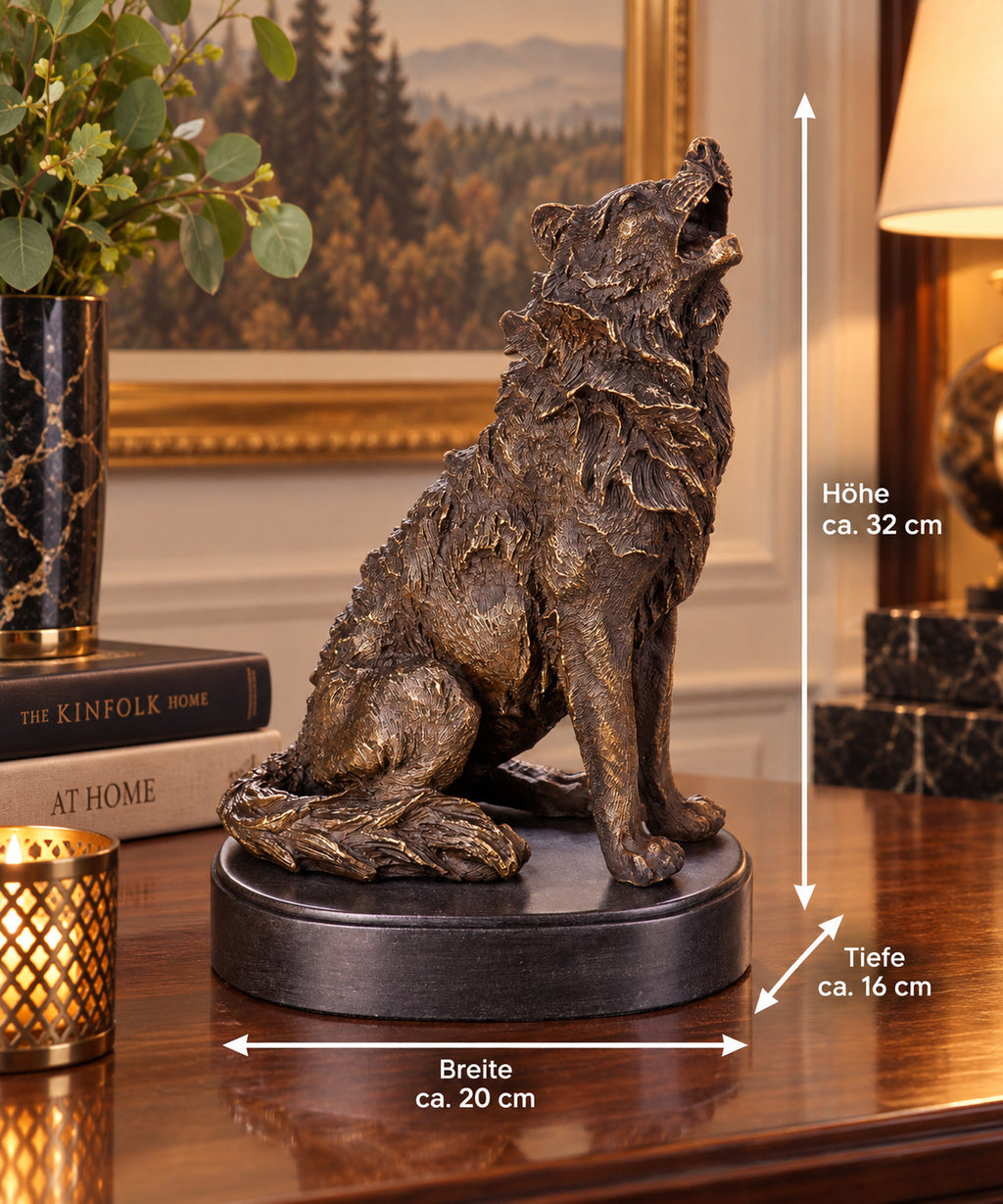 Bronze Skulptur heulender Wolf – signierte Tierfigur aus Natur auf Marmorsockel