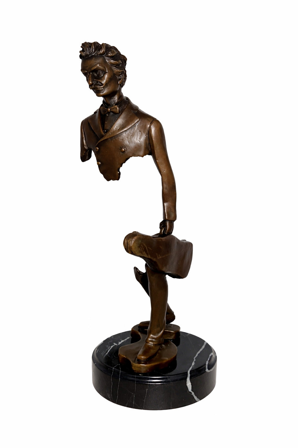 Bronze Skulptur Reisender mit Violine - signierte Musiker Figur auf Marmorsockel