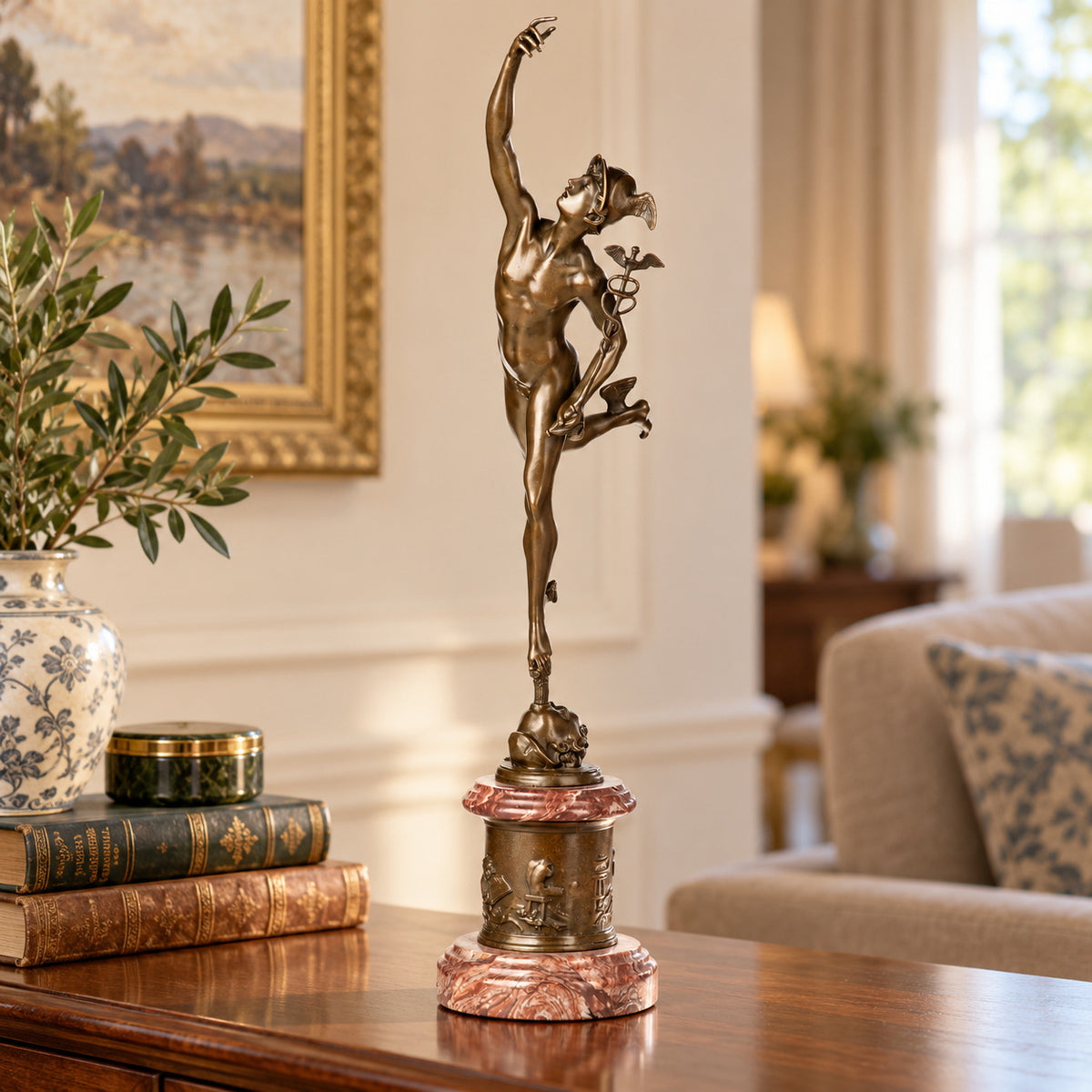 Bronze Skulptur Gott Hermes mit Hermesstab auf Marmorsockel – signiert, 50 cm