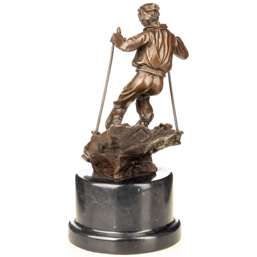 Bronze Skulptur Skifahrer - signierte Sportlerfigur Wintersport auf Marmorsockel