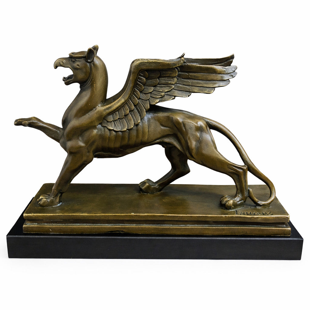 Bronze Skulptur Greif auf Marmorsockel - signierte Mythologie Figur
