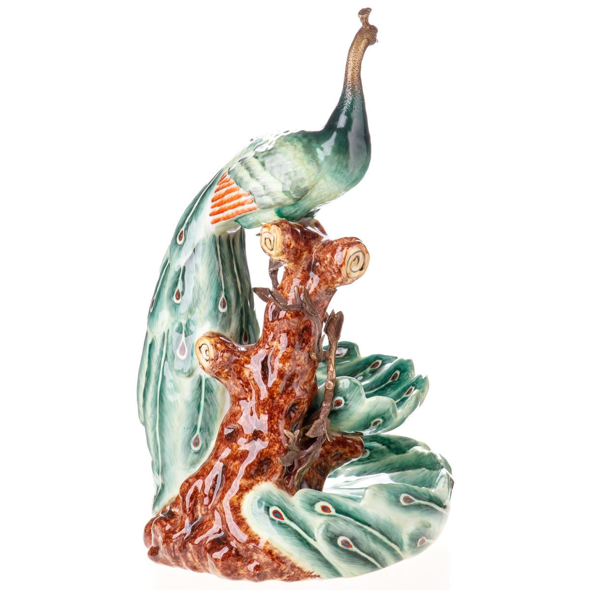 Pfauenschale aus Porzellan & Bronze – grüne Prunkschale mit Pfauenfigur, 45 cm