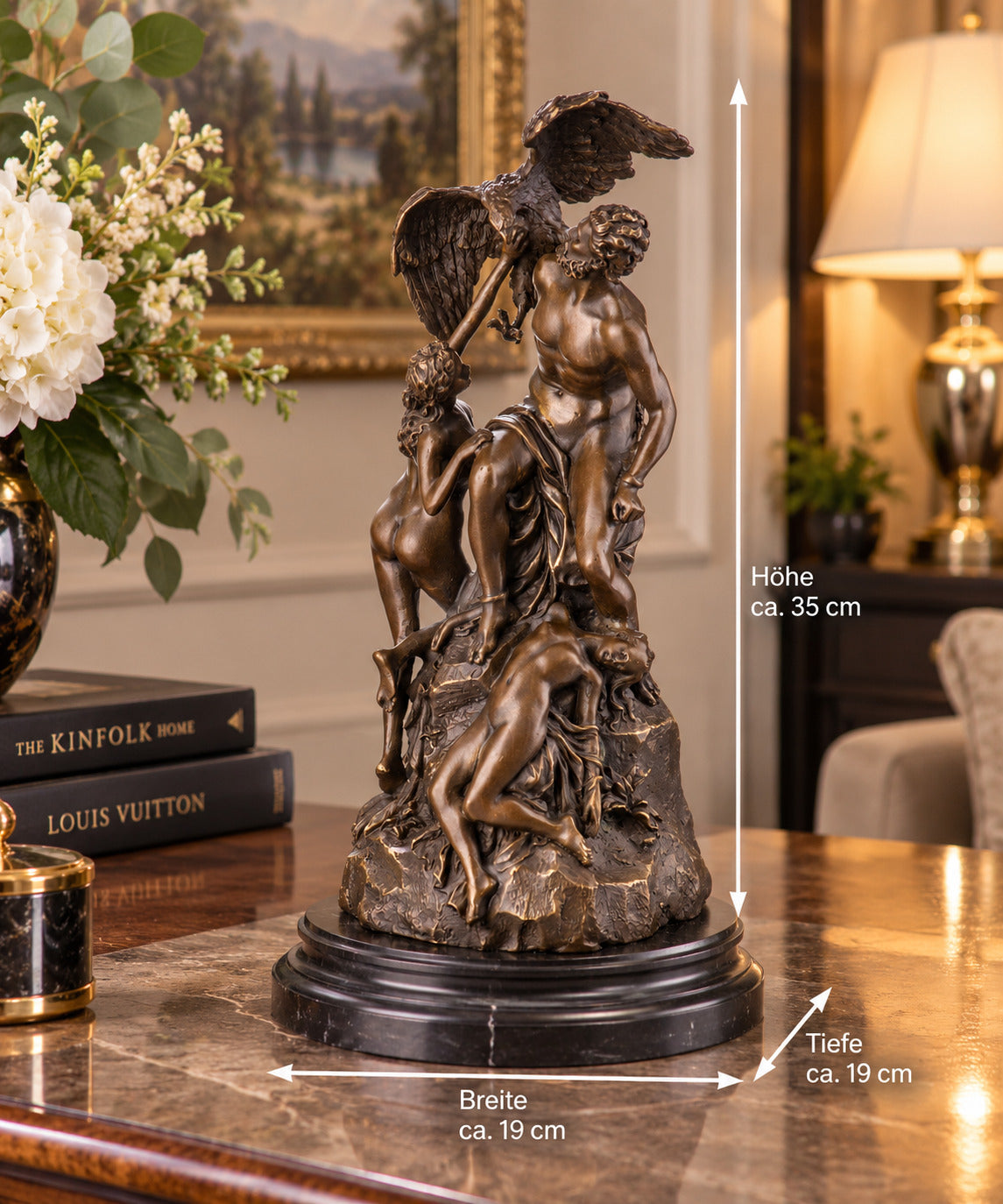 Bronze Skulptur Prometheus & Okeaniden mit Adler - signierte Figur Marmorsockel
