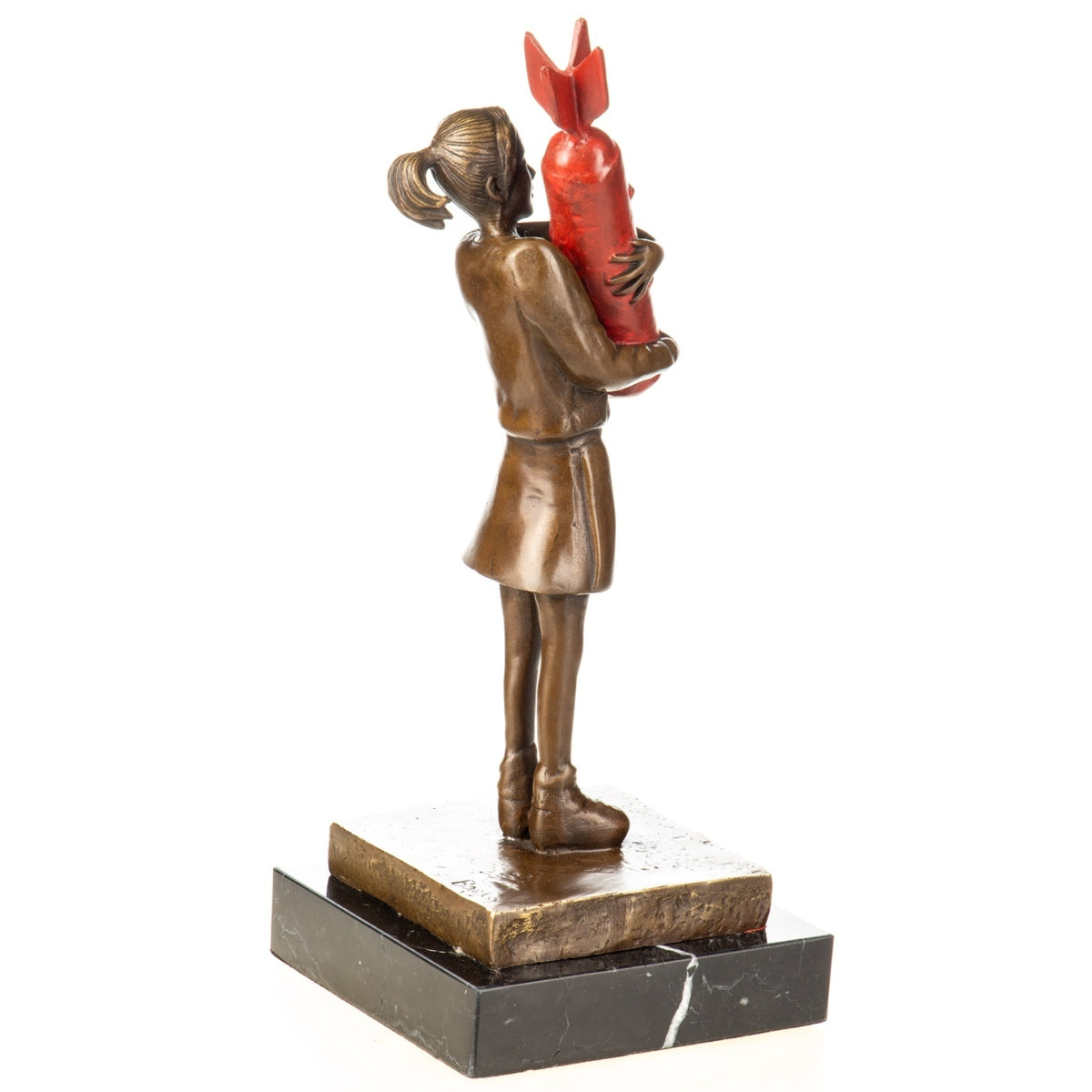 Bronze Skulptur Mädchen mit Rakete nach Banksy, signierte Figur auf Marmorsockel