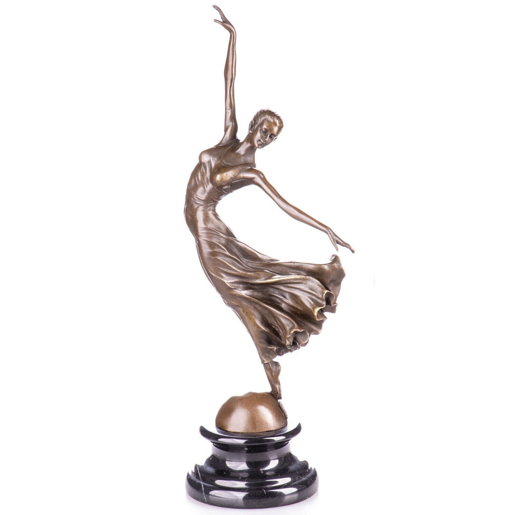 Bronze Skulptur Tänzerin auf Marmorsockel – dynamische Tanzfigur signiert