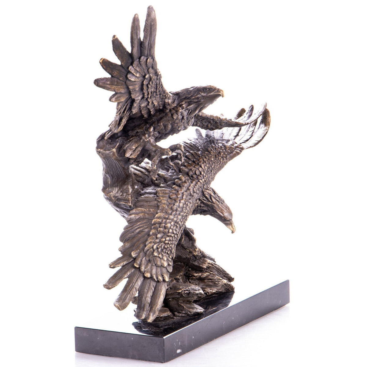 Bronze Skulptur zwei Adler im Flug – signierte Tierfigur auf Marmorsockel