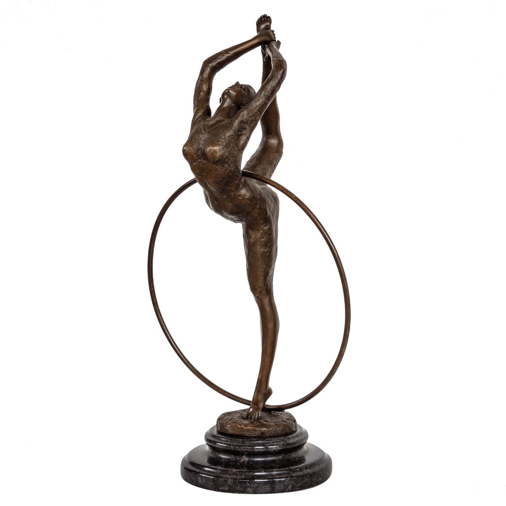 Bronze Skulptur Tänzerin mit Reifen - signierte Tanzfigur auf Marmorsockel