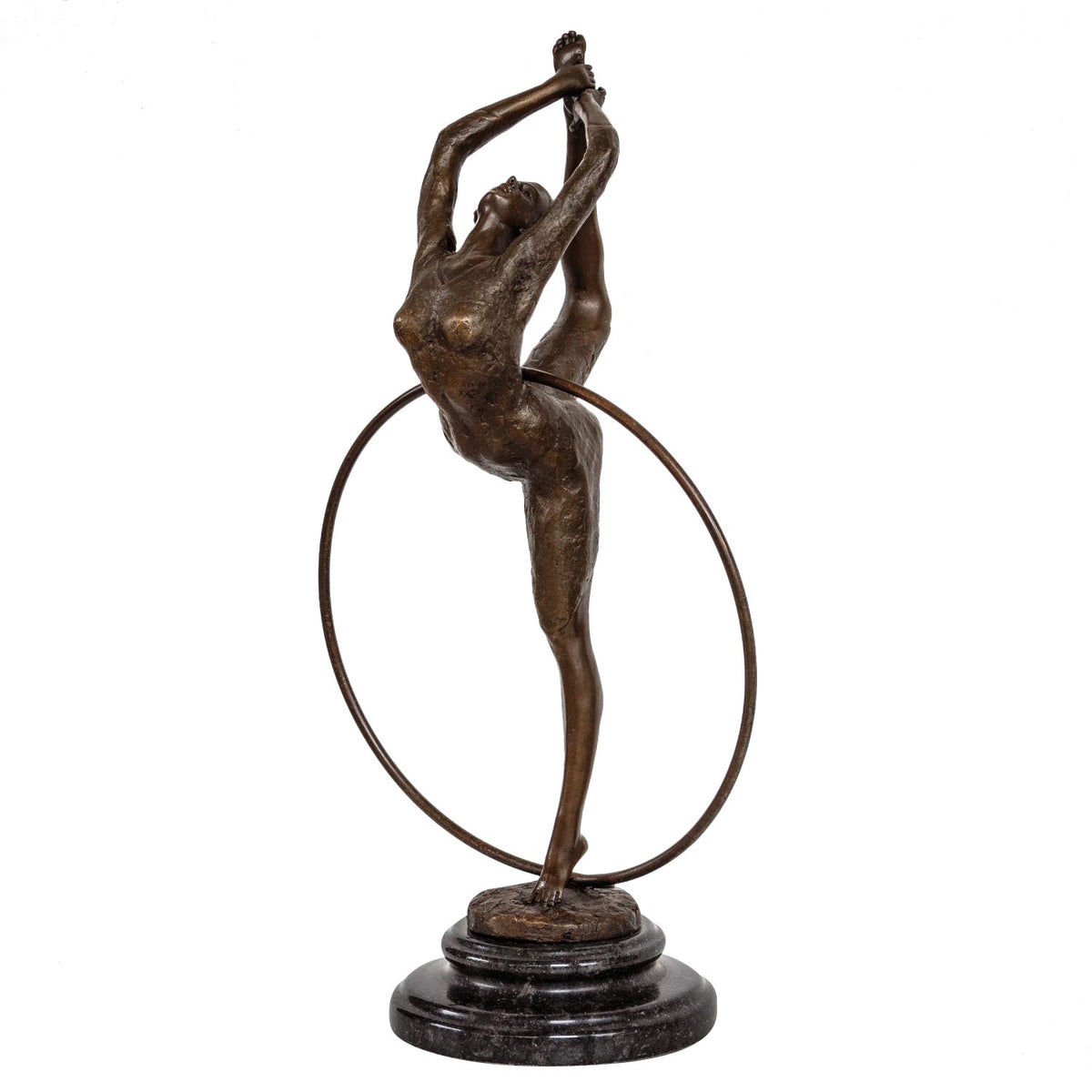 Bronze Skulptur Tänzerin mit Reifen - signierte Tanzfigur auf Marmorsockel