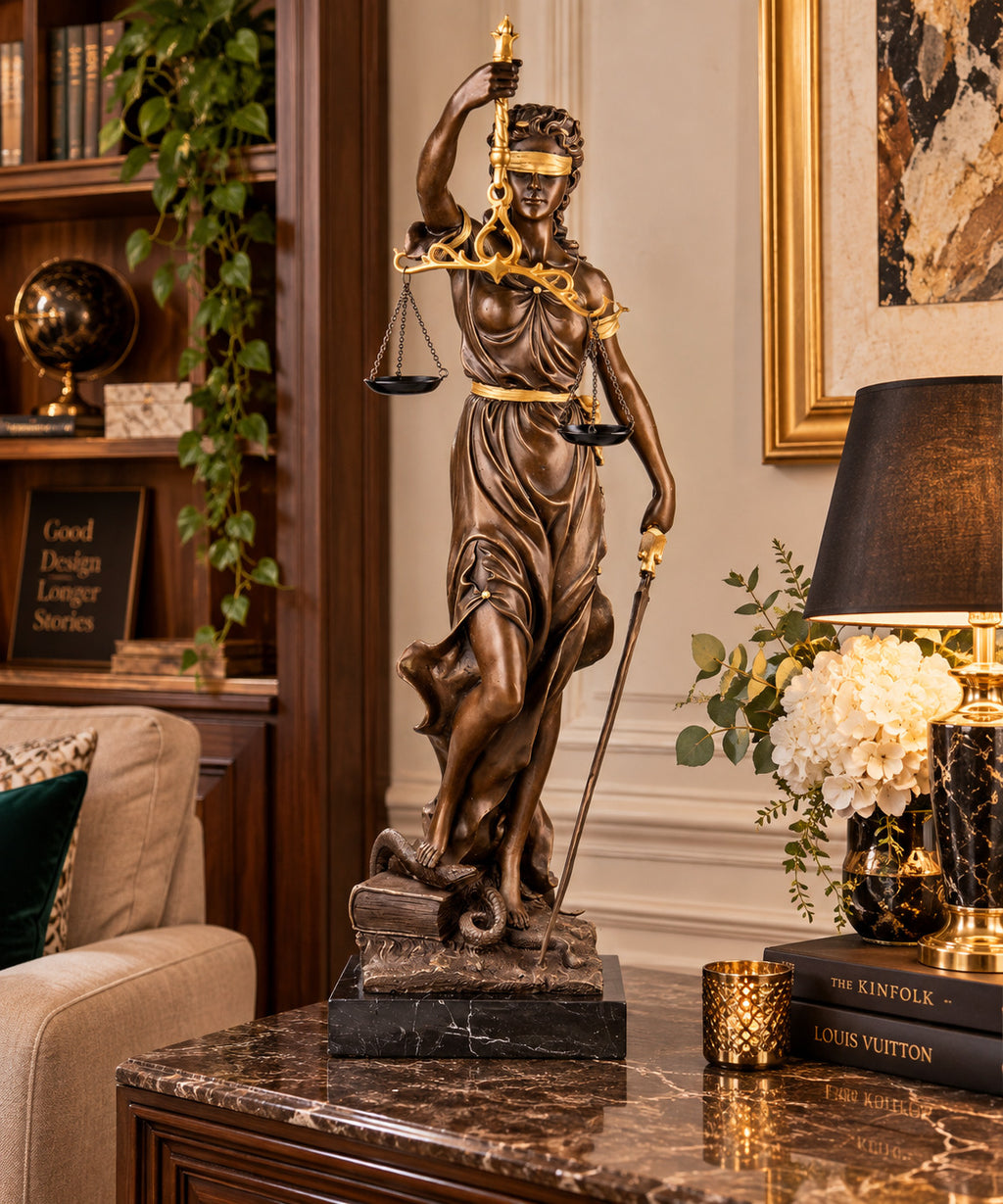 Bronze Skulptur Justitia mit Waage & Schwert – signierte Figur auf Marmorsockel