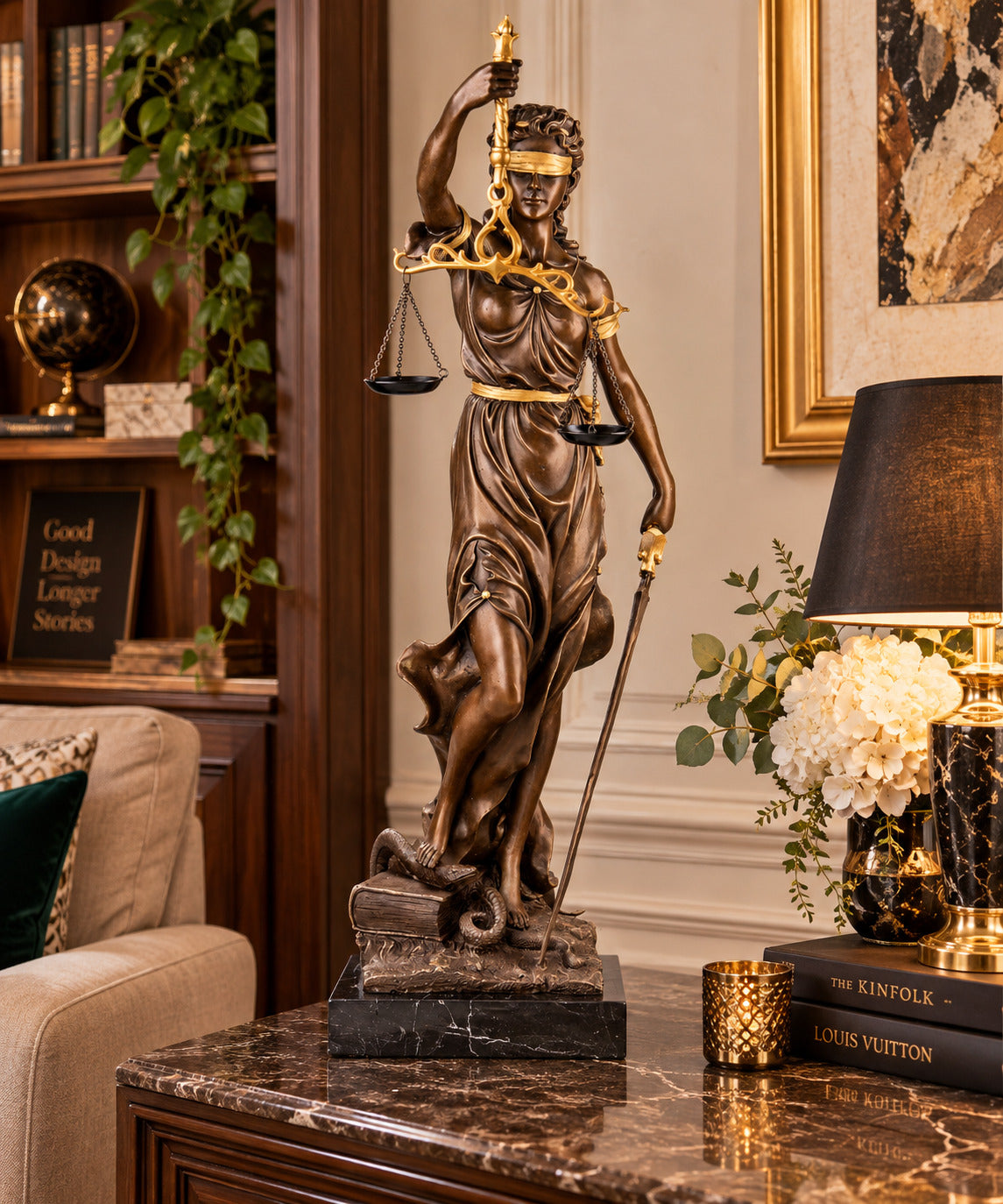 Bronze Skulptur Justitia mit Waage & Schwert – signierte Figur auf Marmorsockel