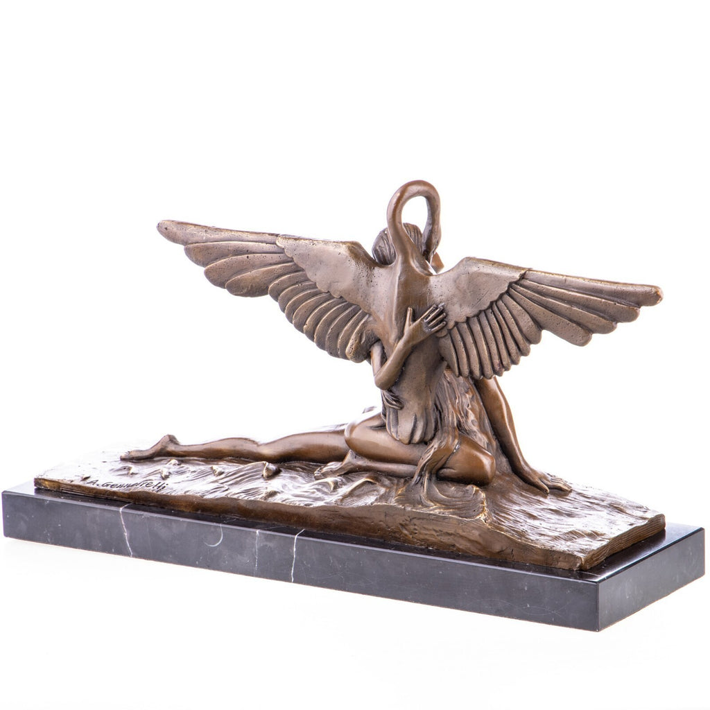 Bronze Skulptur Leda und der Schwan, signierte Mythologie Figur auf Marmorsockel