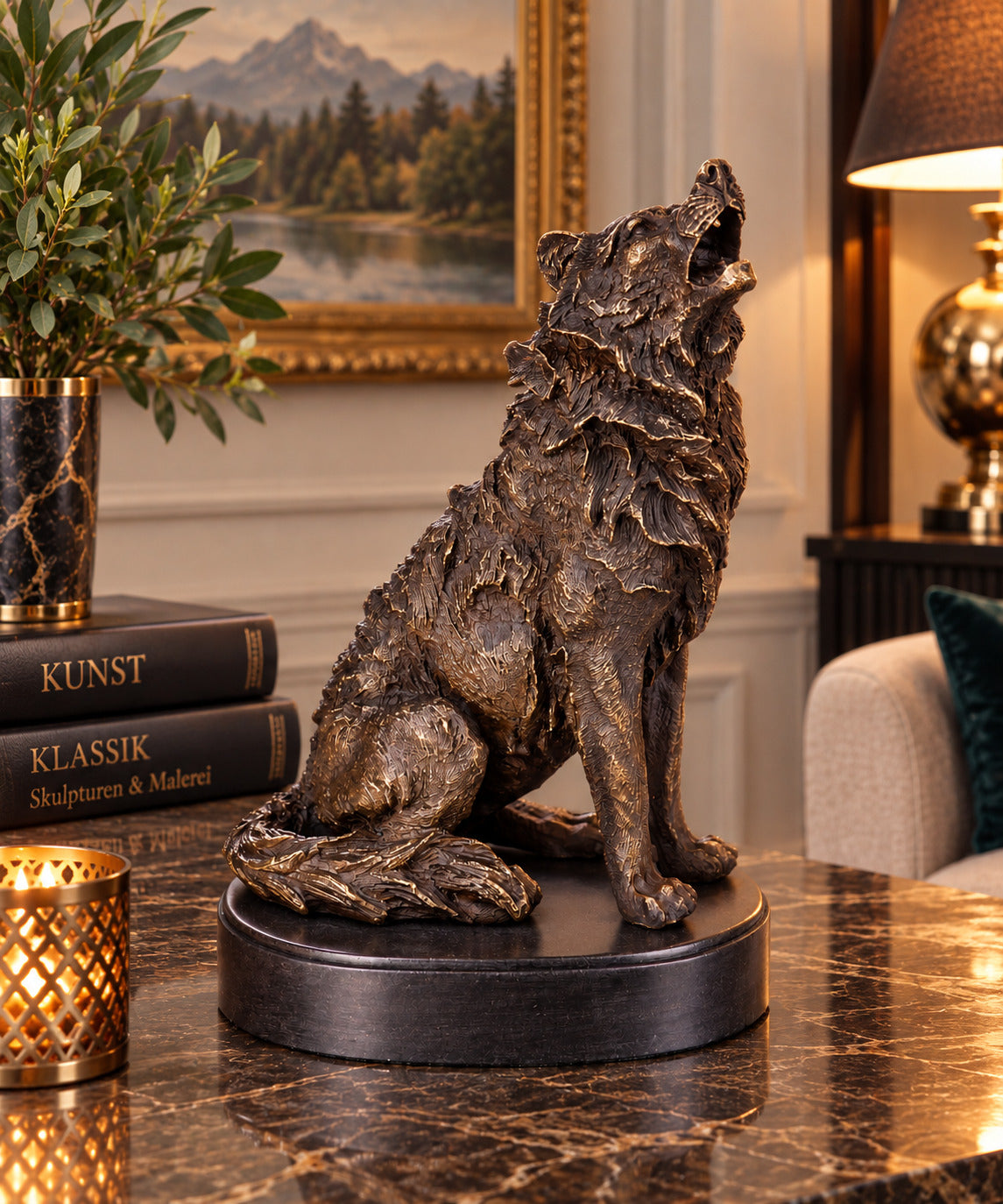 Bronze Skulptur heulender Wolf – signierte Tierfigur aus Natur auf Marmorsockel