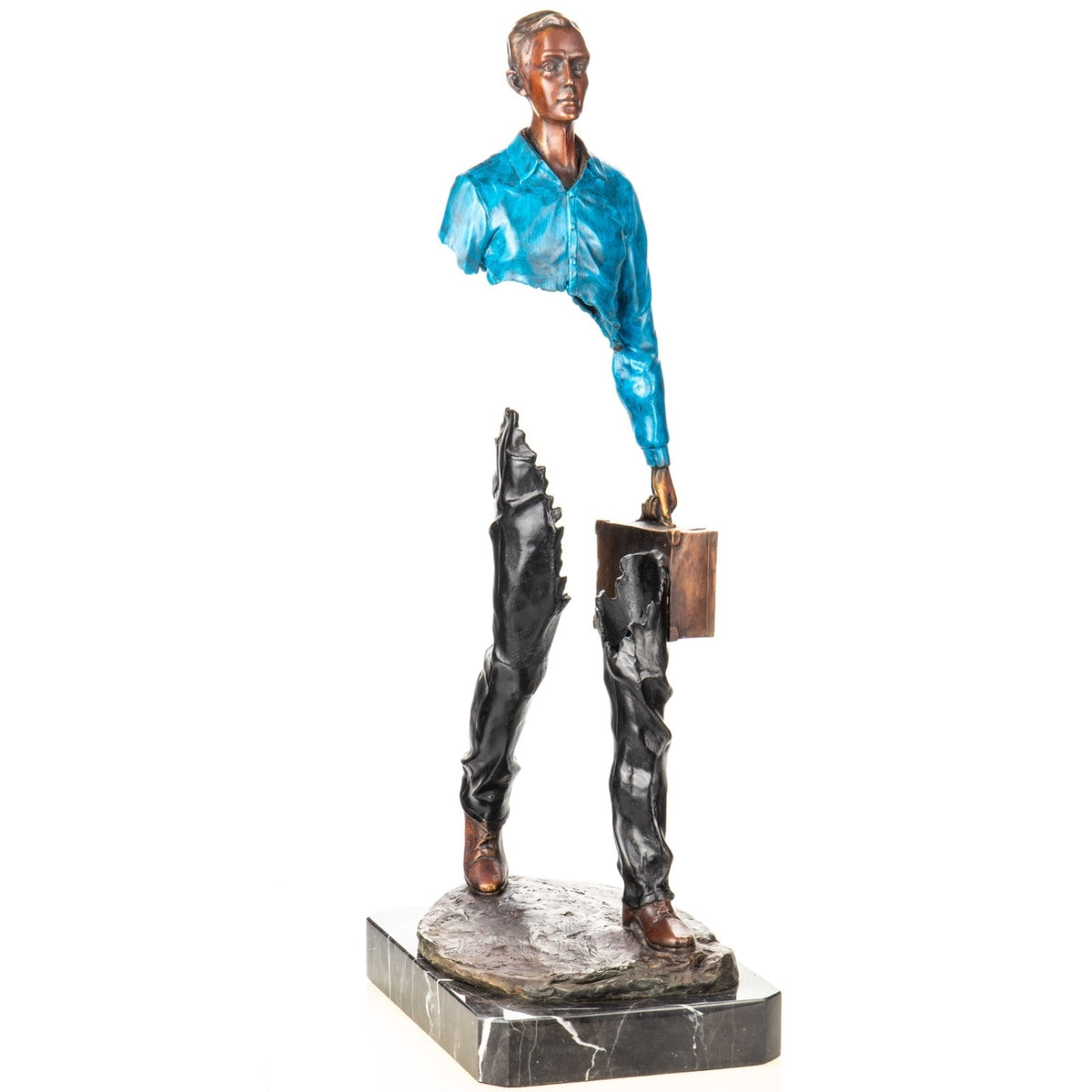 Bronze Skulptur Reisender mit Koffer – signierte moderne Kunstfigur auf Marmorsockel