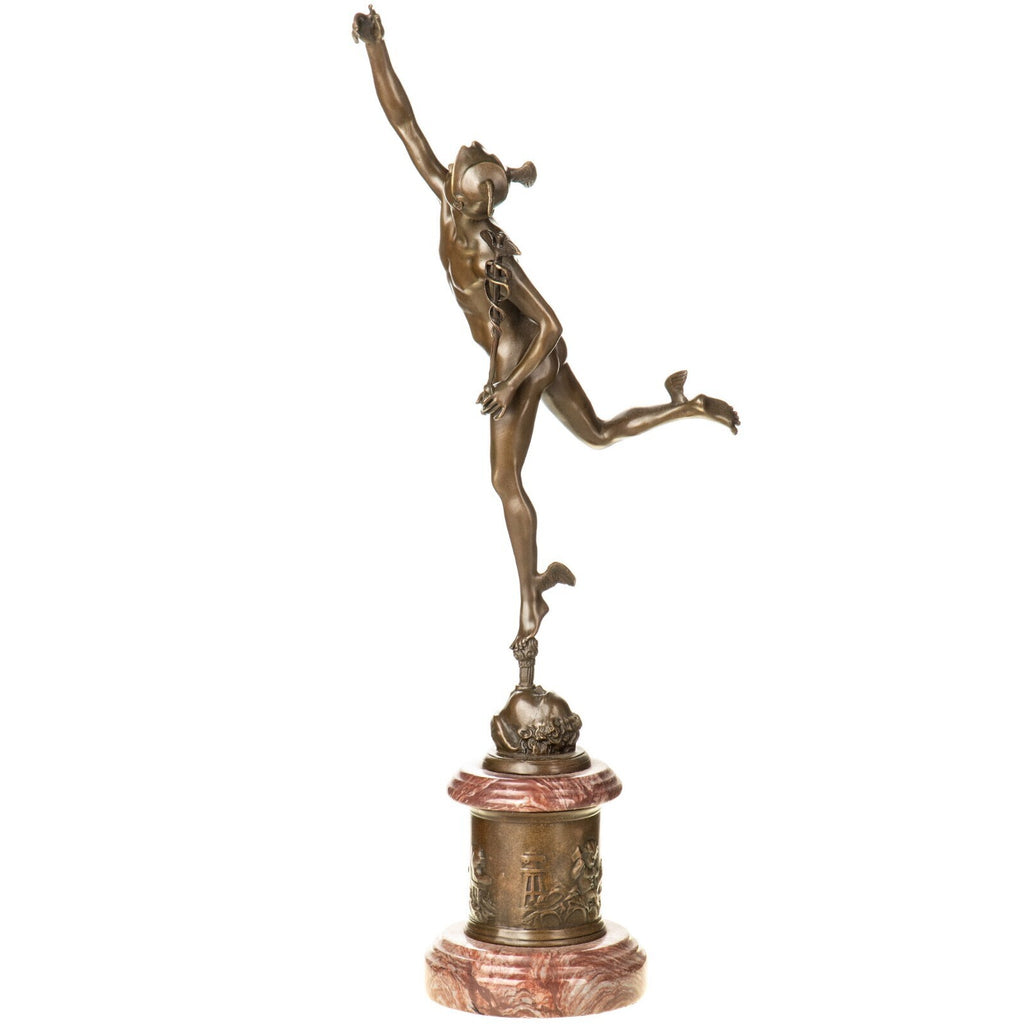 Bronze Skulptur Gott Hermes mit Hermesstab auf Marmorsockel – signiert, 50 cm