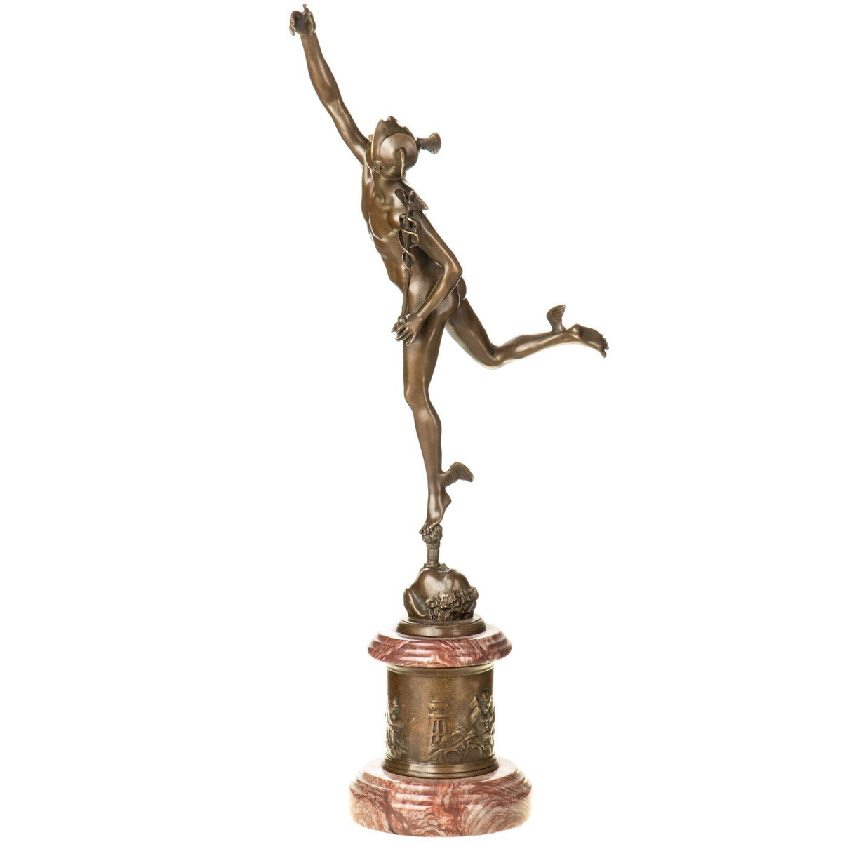 Bronze Skulptur Gott Hermes mit Hermesstab auf Marmorsockel – signiert, 50 cm