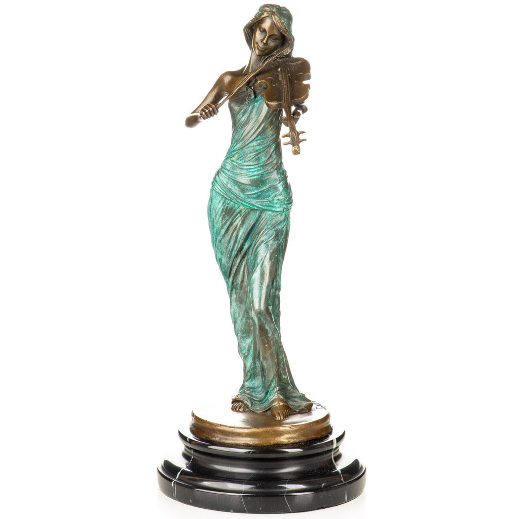 Bronze Skulptur Geigerin mit grüner Patina - signierte Figur auf Marmorsockel
