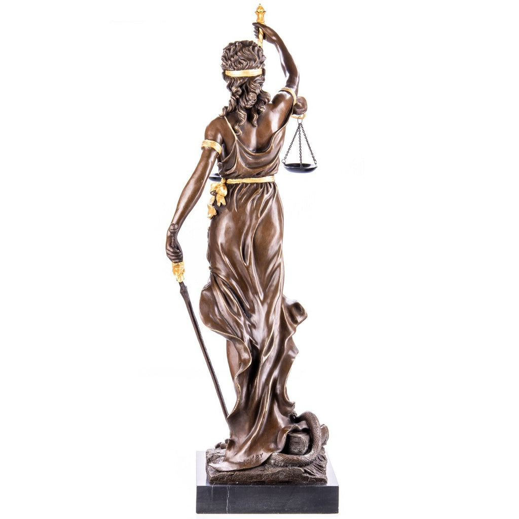 Bronze Skulptur Justitia mit Waage & Schwert – signierte Figur auf Marmorsockel