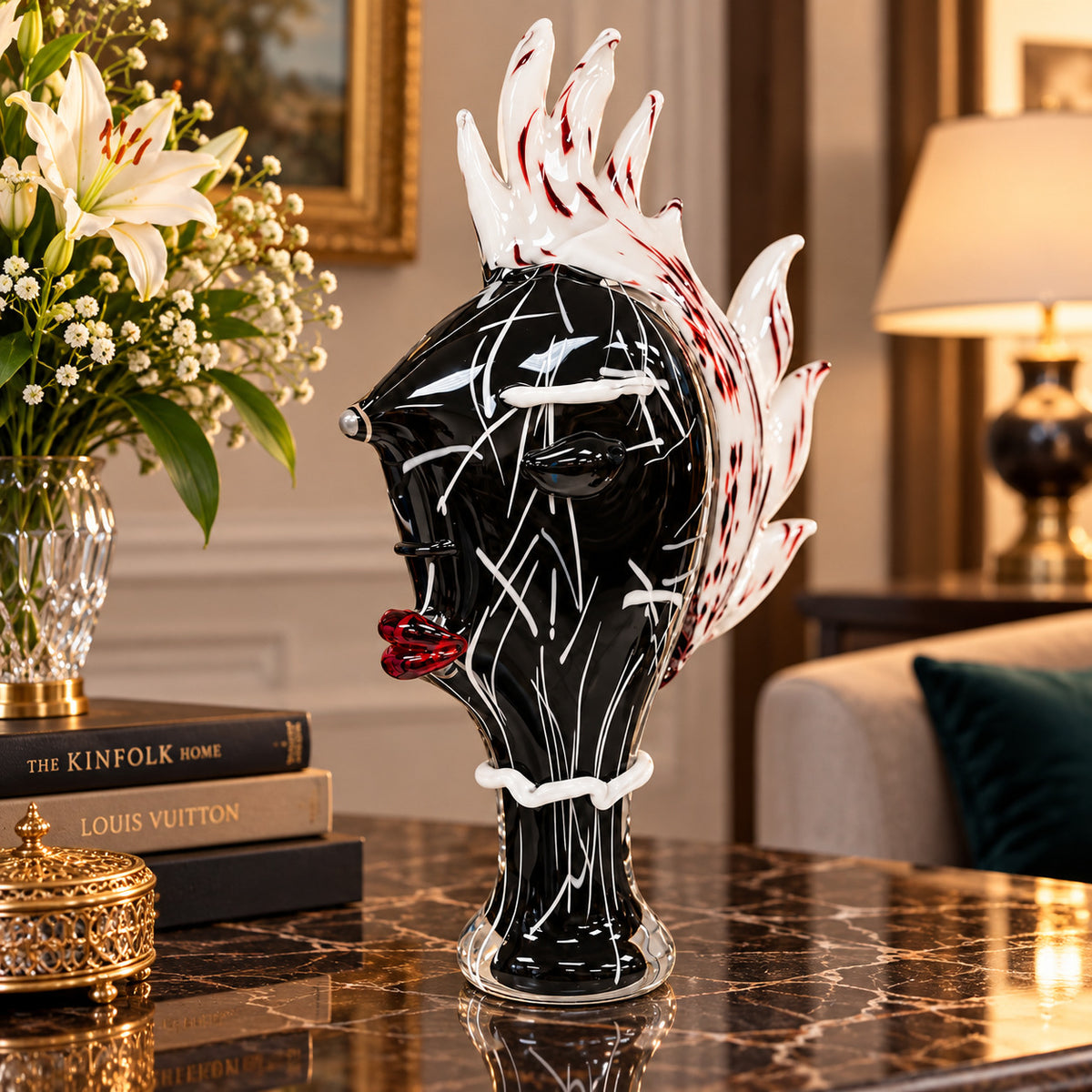 Murano Glasbüste Gesicht Schwarz-Rot – Mundgeblasene Glas Skulptur
