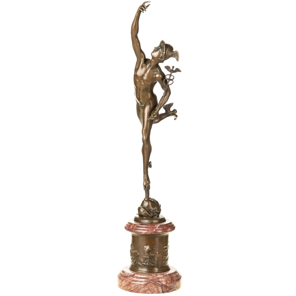 Bronze Skulptur Gott Hermes mit Hermesstab auf Marmorsockel – signiert, 50 cm