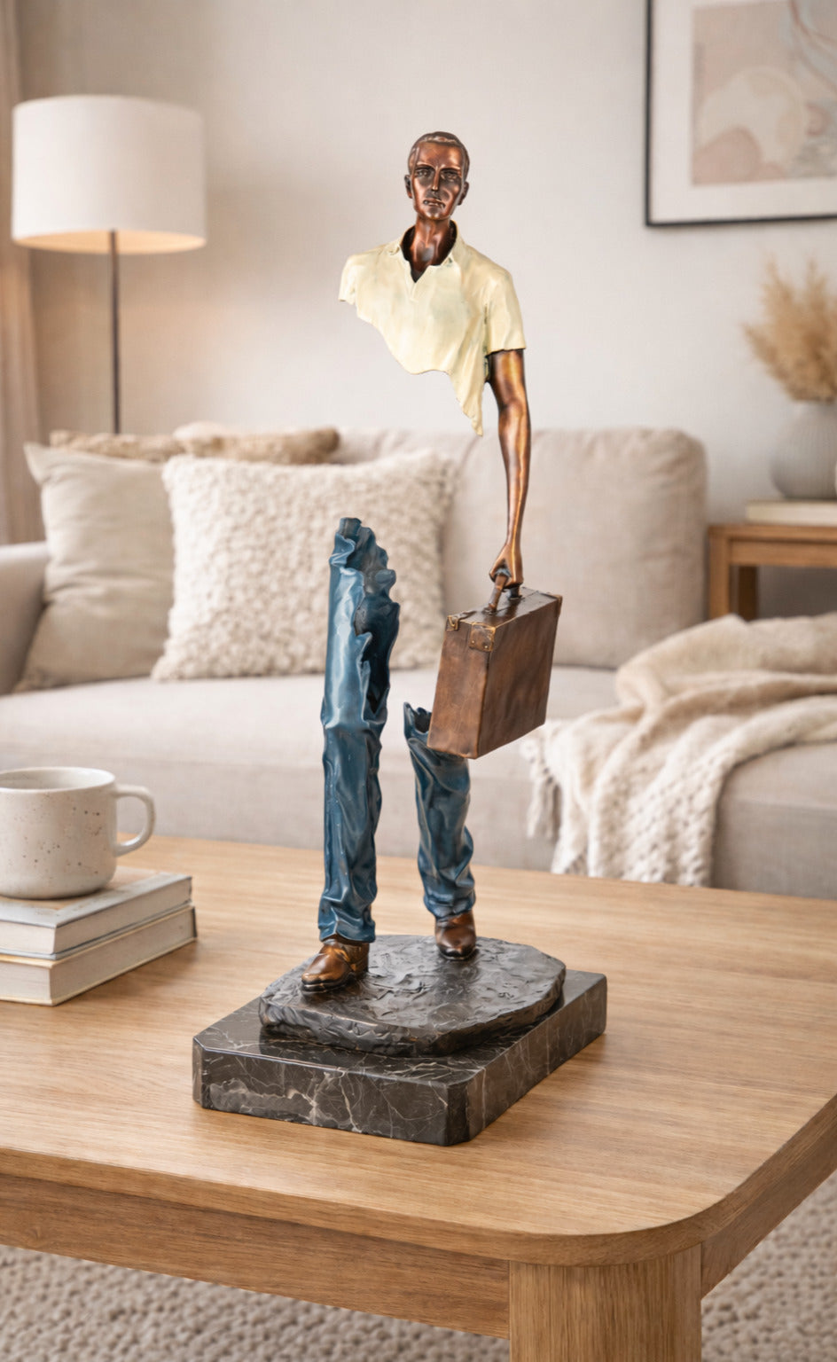Bronze Skulptur Reisender mit Koffer – signierte moderne Kunstfigur auf Marmorsockel
