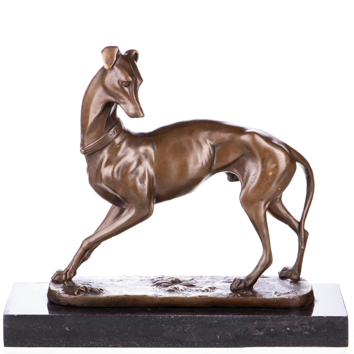 Bronze Skulptur Windhund nach Barye – signierte Tierfigur auf Marmorsockel