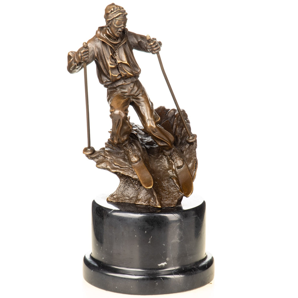 Bronze Skulptur Skifahrer - signierte Sportlerfigur Wintersport auf Marmorsockel