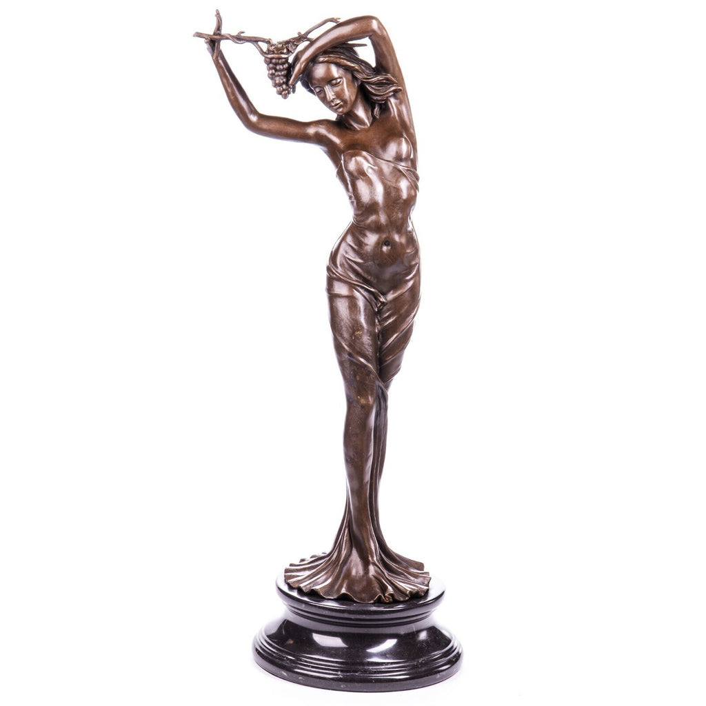 Bronze Skulptur Frau mit Weintrauben – signierte Aktfigur auf Marmorsockel