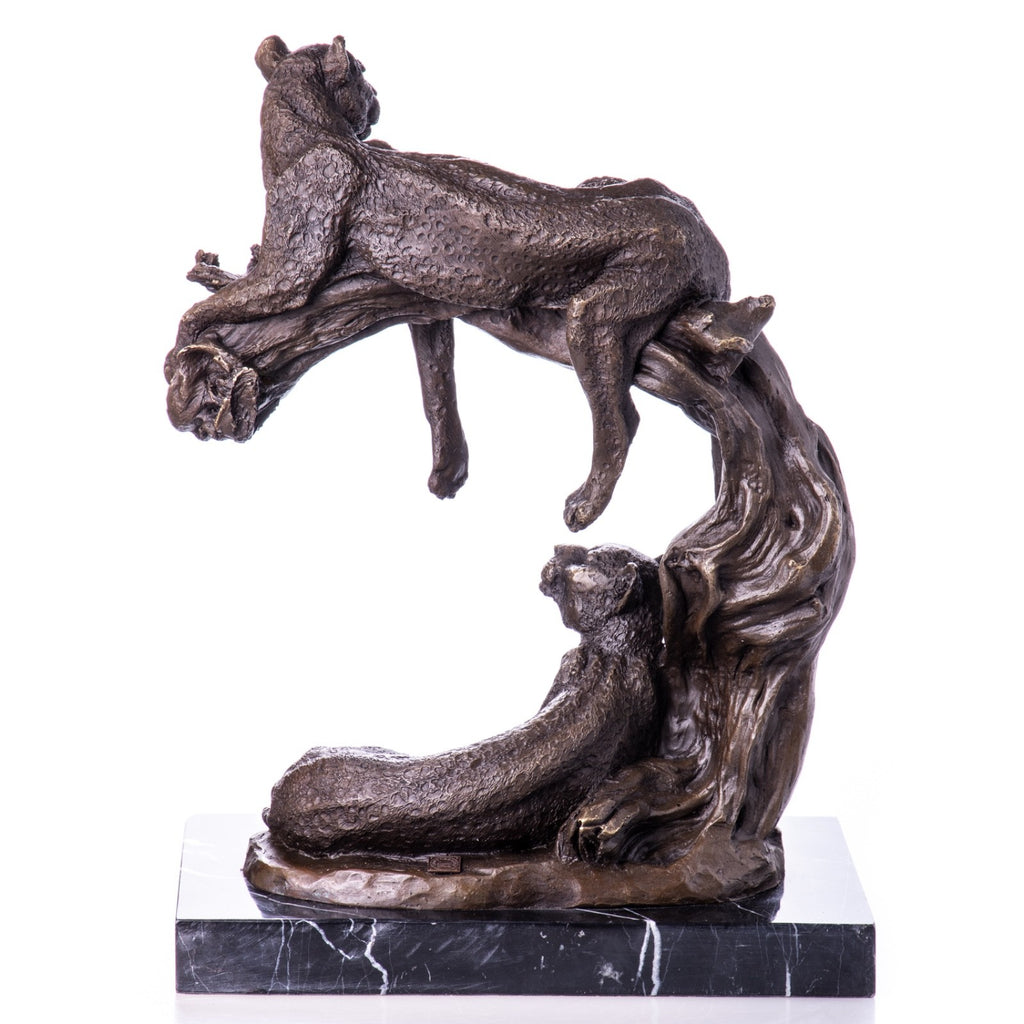 Bronze Skulptur Leoparden auf Baumstamm - signierte Tierfigur auf Marmorsockel