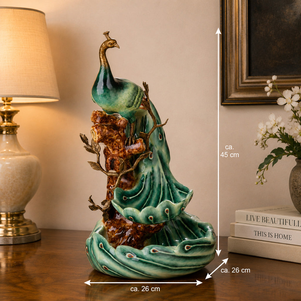 Pfauenschale aus Porzellan & Bronze – grüne Prunkschale mit Pfauenfigur, 45 cm